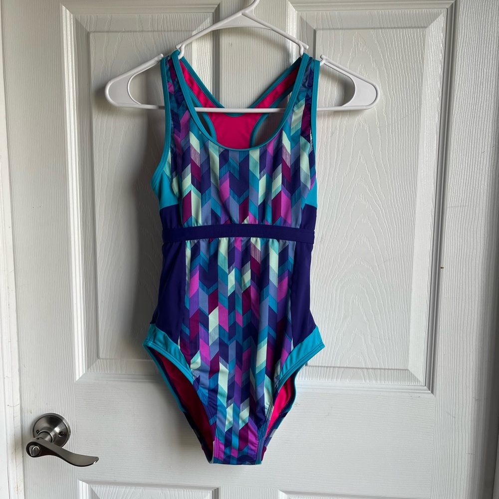 L.L. Bean Girls Teal, Purple & Pink Geometric One-Piece Swimsuit